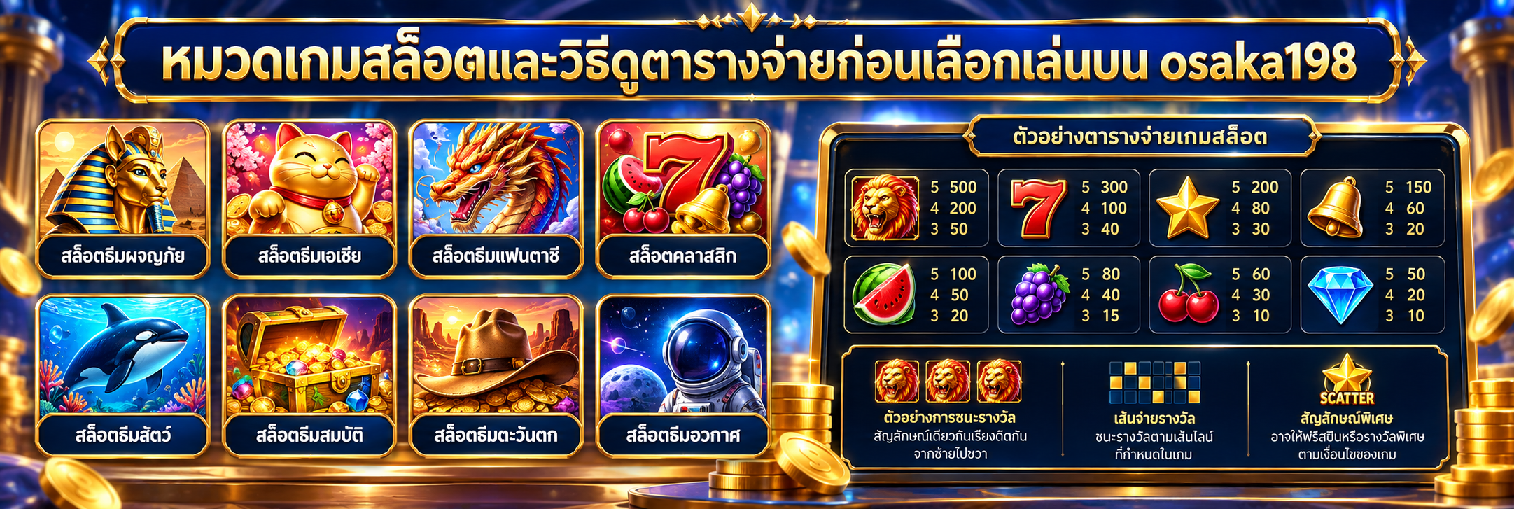 หมวดเกมสล็อตและวิธีดูตารางจ่ายก่อนเลือกเล่นบน osaka198