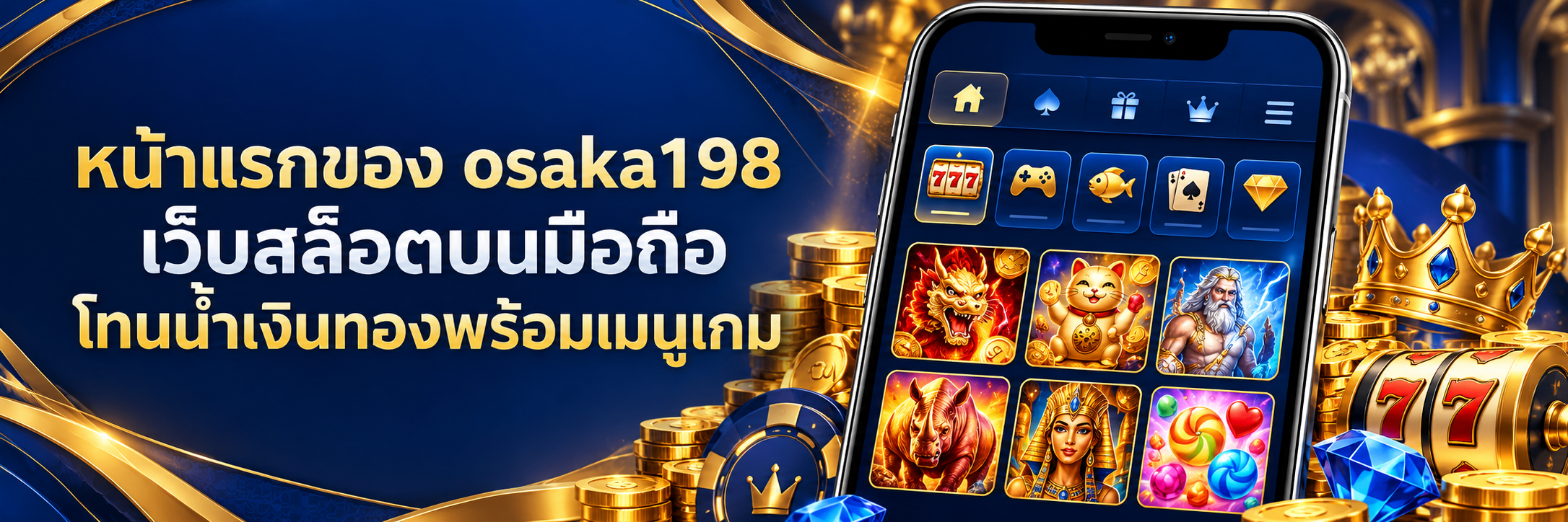 หน้าแรกของ osaka198 เว็บสล็อตบนมือถือ โทนน้ำเงินทองพร้อมเมนูเกม